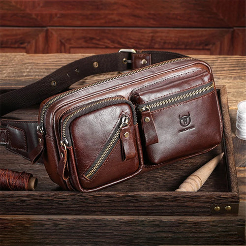 BULLCAPTAIN 082 Travel Outdoor Men Chest Bag Top Layer Cowhide Leather Waist Pack - Coffee - 1