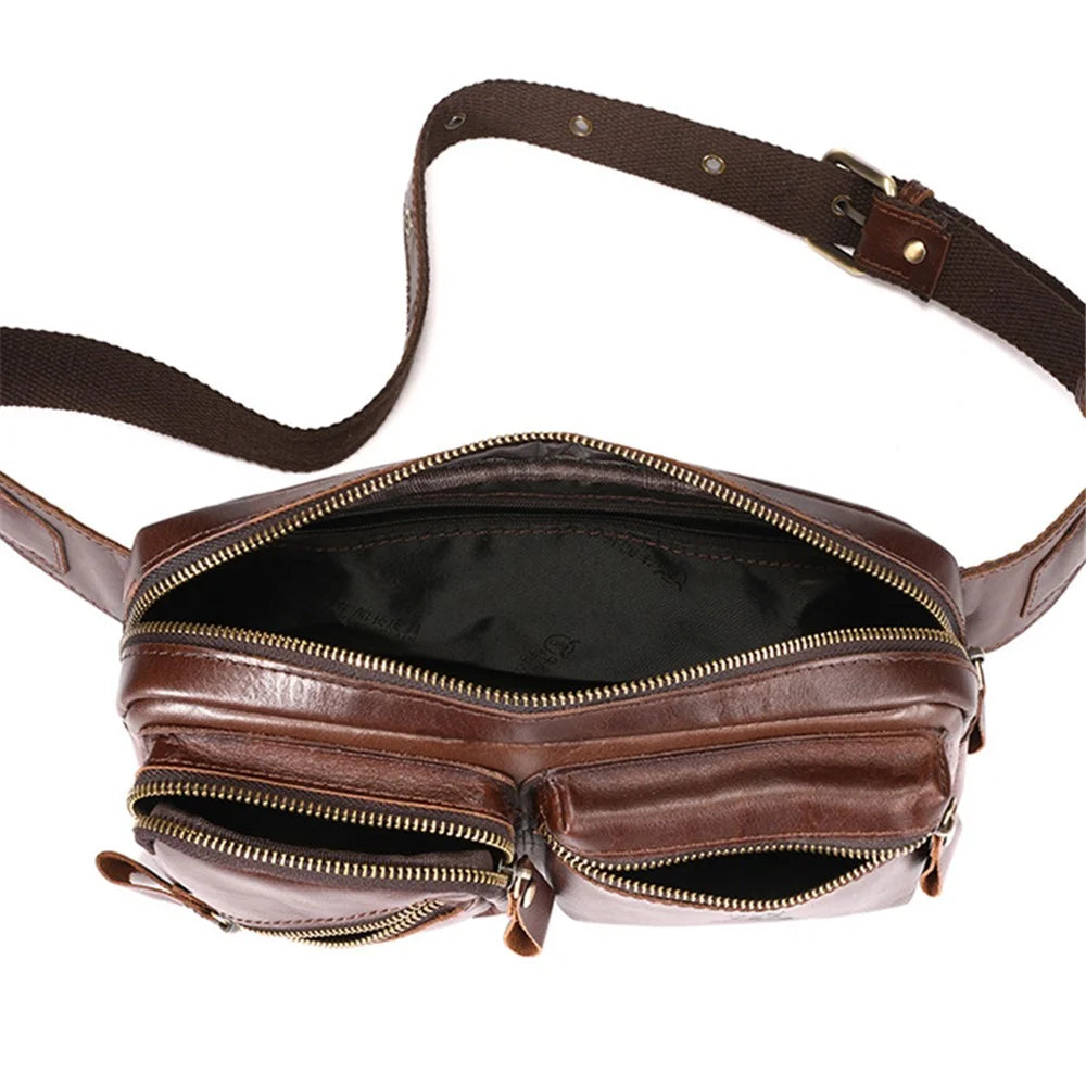 BULLCAPTAIN 082 Travel Outdoor Men Chest Bag Top Layer Cowhide Leather Waist Pack - Coffee - 2