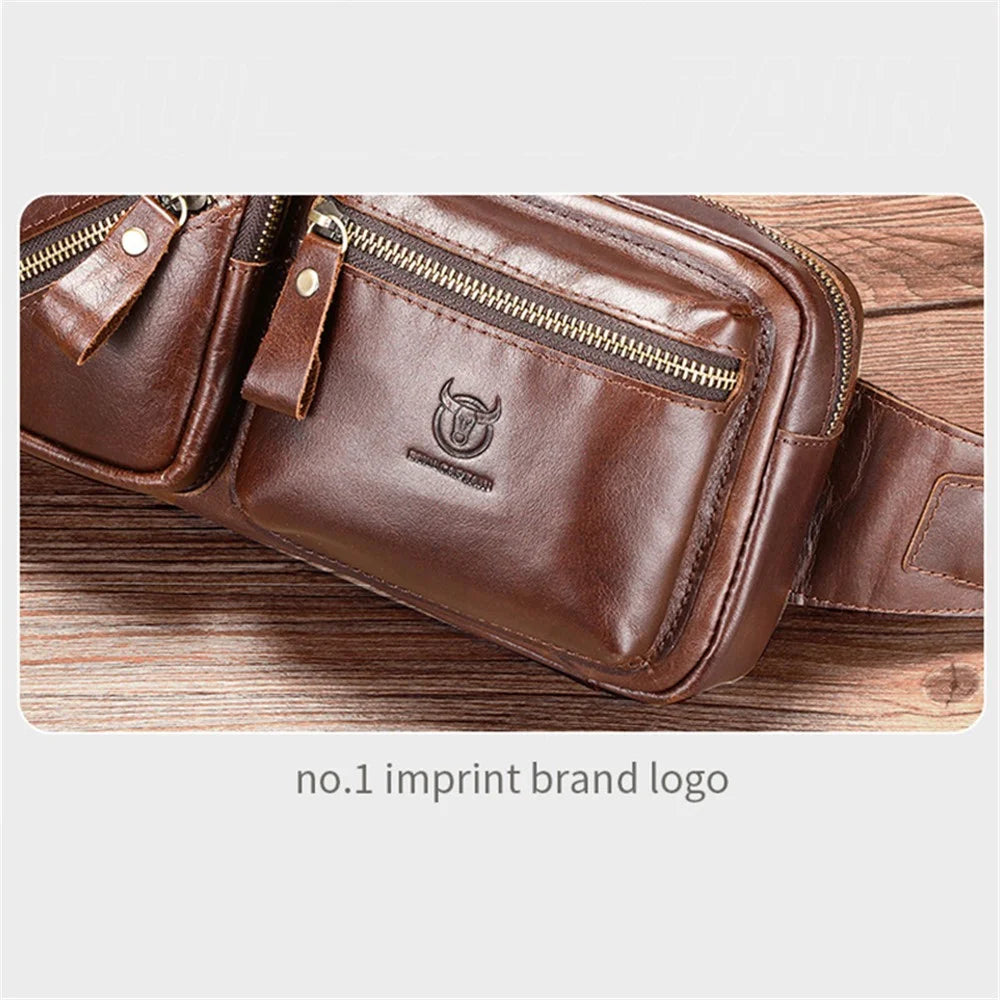 BULLCAPTAIN 082 Travel Outdoor Men Chest Bag Top Layer Cowhide Leather Waist Pack - Coffee - 4