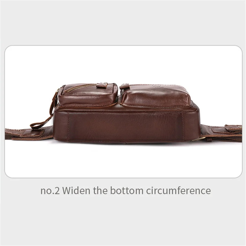 BULLCAPTAIN 082 Travel Outdoor Men Chest Bag Top Layer Cowhide Leather Waist Pack - Coffee - 5