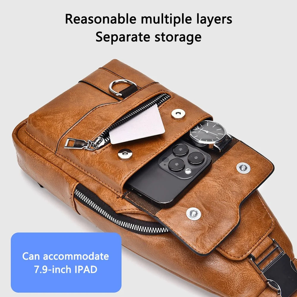 WEIXIER X327 PU Leather Chest Pack for iPad 7.9-inch Vintage Men Crossbody Bag - Light Brown - 3