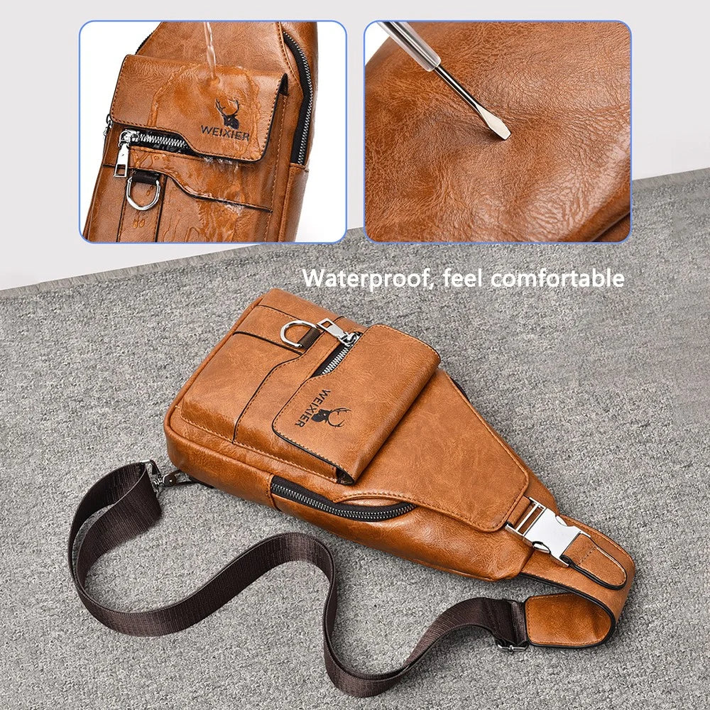 WEIXIER X327 PU Leather Chest Pack for iPad 7.9-inch Vintage Men Crossbody Bag - Light Brown - 6