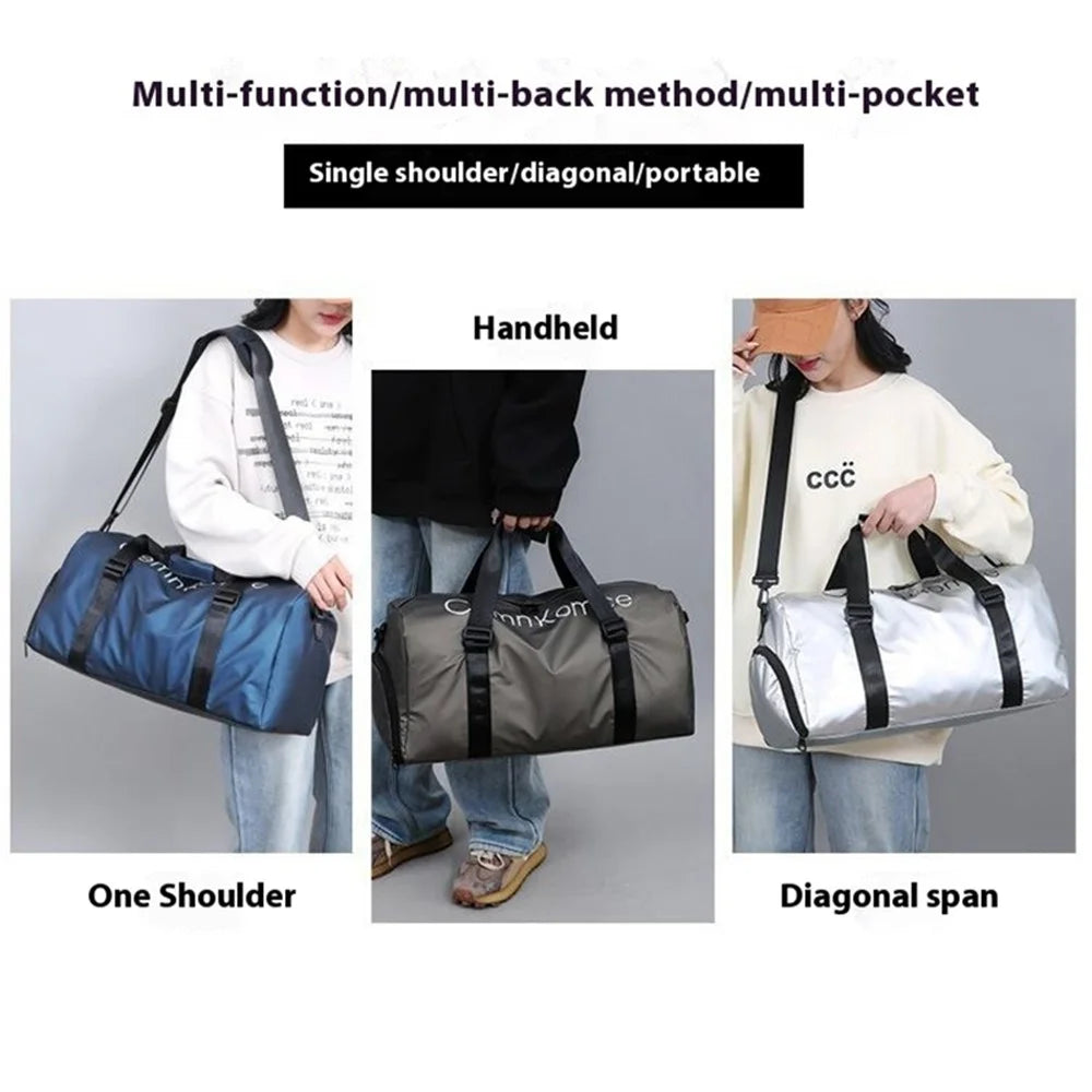 PU Leather Gym Bag Sports Handbag Wet and Dry Separation Pocket Duffle Bag with Shoulder Strap - Champagne - 2