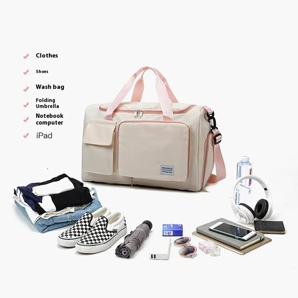 Foldable Oxford Cloth Gym Bag Sports Handbag Wet and Dry Separation Pocket Duffle Bag with Shoulder Strap - Pink - 2