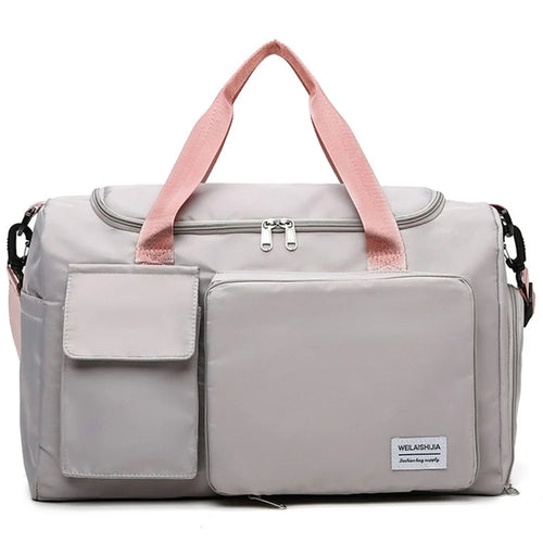 Foldable Large Capacity Travel Duffle Bag Carry-On Gym Weekender Bag with Shoe Compartment - Grey+Pink - 1
