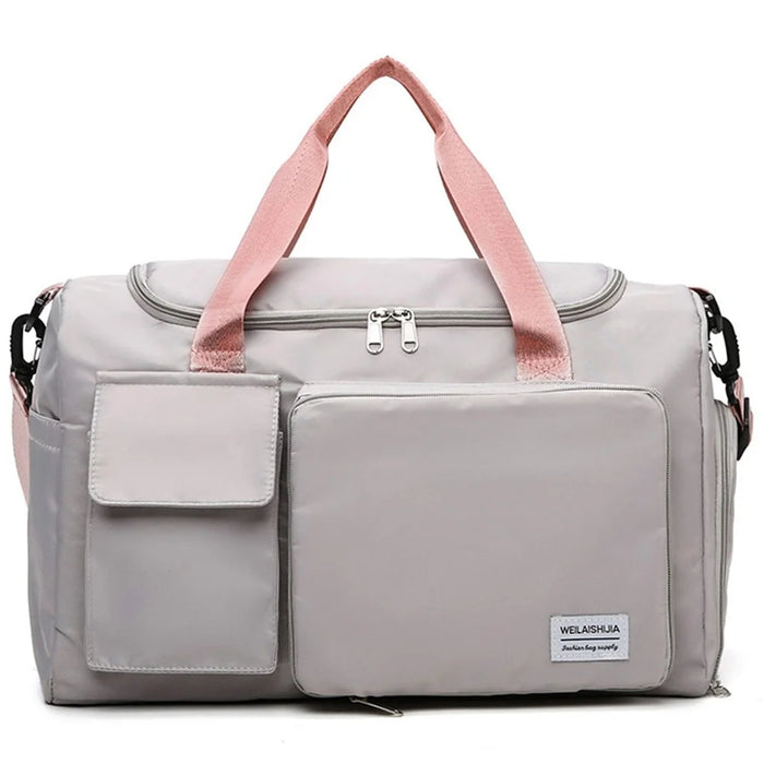 Foldable Large Capacity Travel Duffle Bag Carry-On Gym Weekender Bag with Shoe Compartment - Grey+Pink - 1