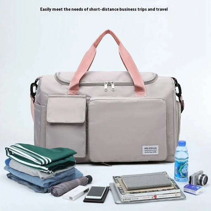 Foldable Large Capacity Travel Duffle Bag Carry-On Gym Weekender Bag with Shoe Compartment - Grey+Pink - 3