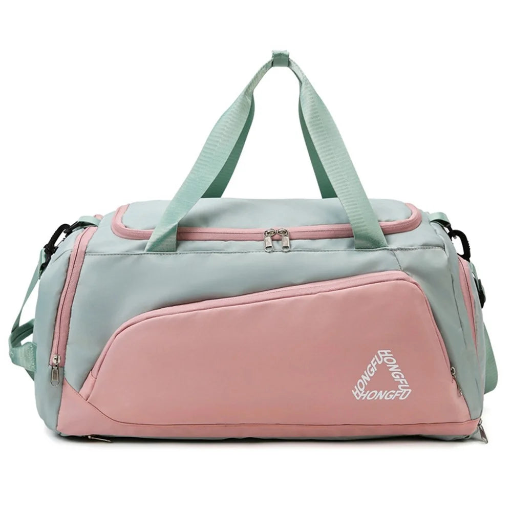 BED-958 Large Capacity Oxford Cloth Fitness Backpack Tote Crossbody Bag Travel Luggage Bag - Green+Pink - 1
