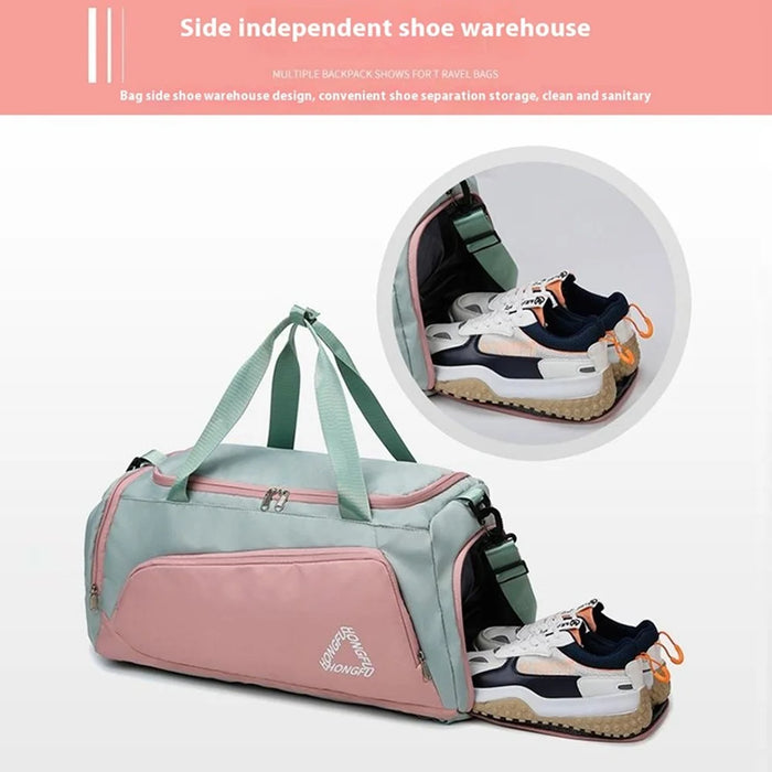 BED-958 Large Capacity Oxford Cloth Fitness Backpack Tote Crossbody Bag Travel Luggage Bag - Green+Pink - 6