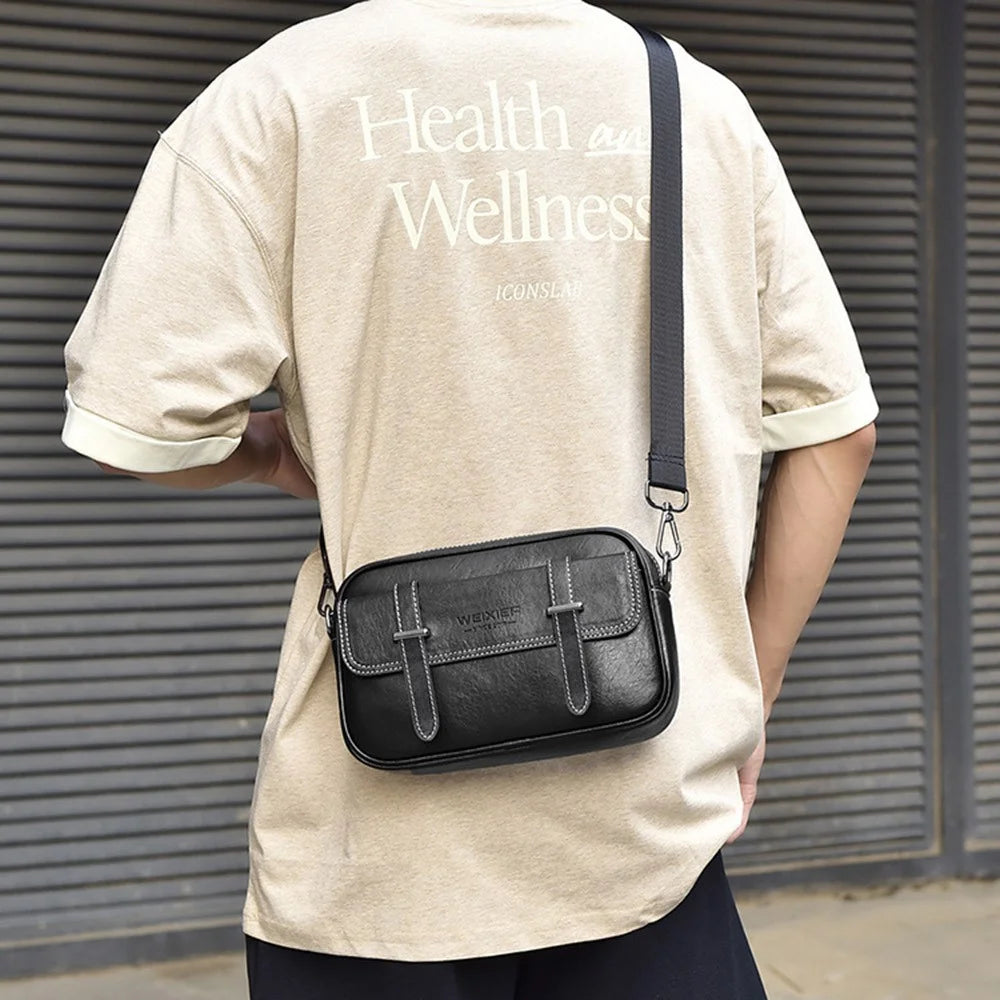 WEIXIER D408 Men Square Messenger Bag PU Leather Mini Crossbody Bag with Wrist Strap - Black - 2