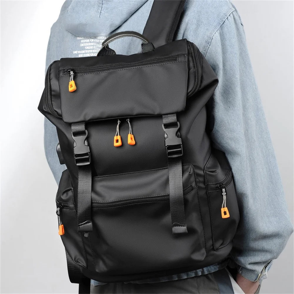 B1862 Double Shoulder Rucksack Waterproof Oxford Fabric Laptop Backpack with External USB Port - Black - 5