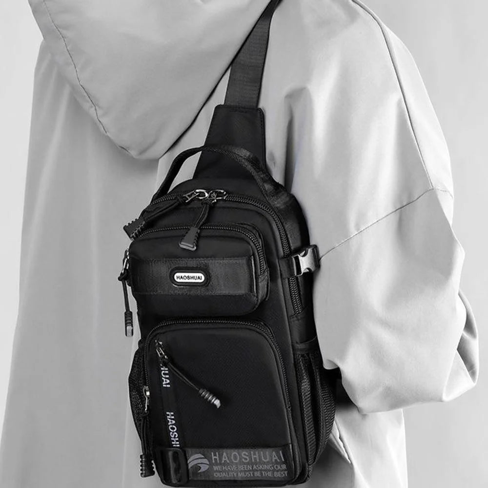 HAOSHUAI 1700-01 Fashion Men Chest Pack Waterproof Nylon Crossbody Bag for iPad 9.7 Inch - Black - 4