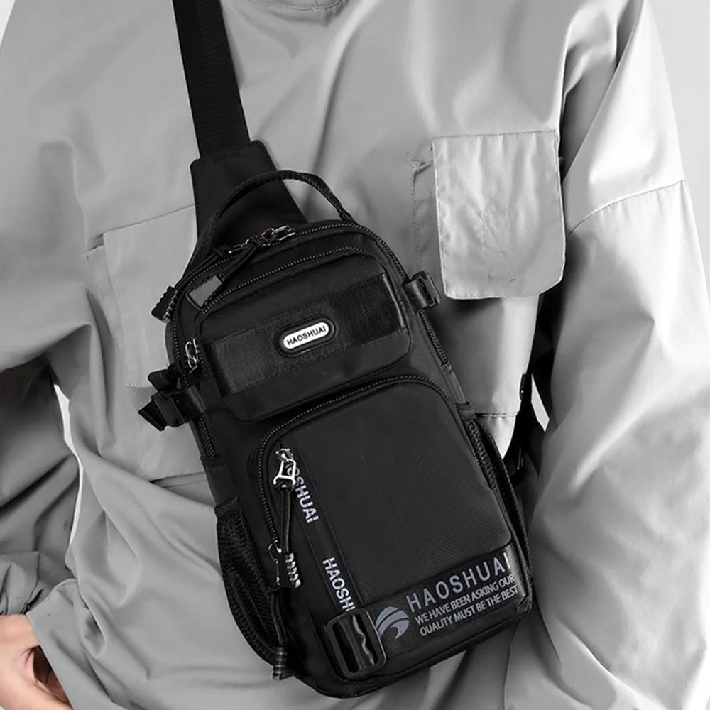 HAOSHUAI 1700-01 Fashion Men Chest Pack Waterproof Nylon Crossbody Bag for iPad 9.7 Inch - Black - 5