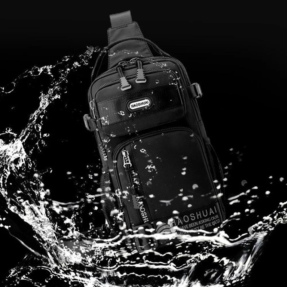 HAOSHUAI 1700-01 Fashion Men Chest Pack Waterproof Nylon Crossbody Bag for iPad 9.7 Inch - Black - 7