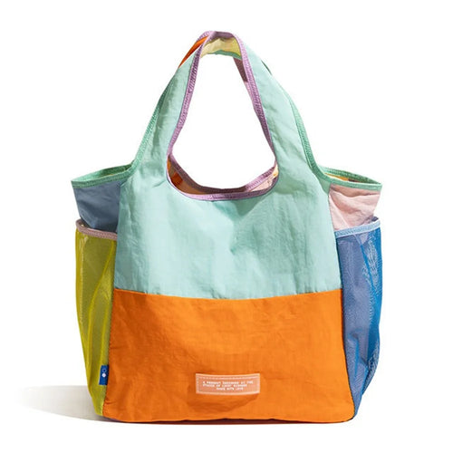 NL493 Color Block Oxford Fabric Tote Bag for Daily Shopping Foldable Lightweight Handbag (without Ornament) - Orange - 1