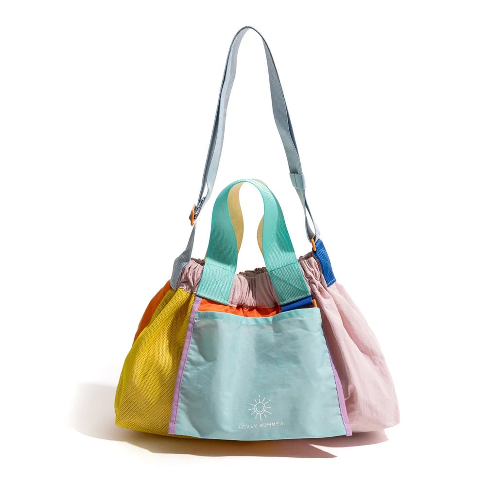 NL492 Size L Color Block Tote Bag Lightweight Nylon Foldable Crossbody Shoulder Handbag - Pink - 1