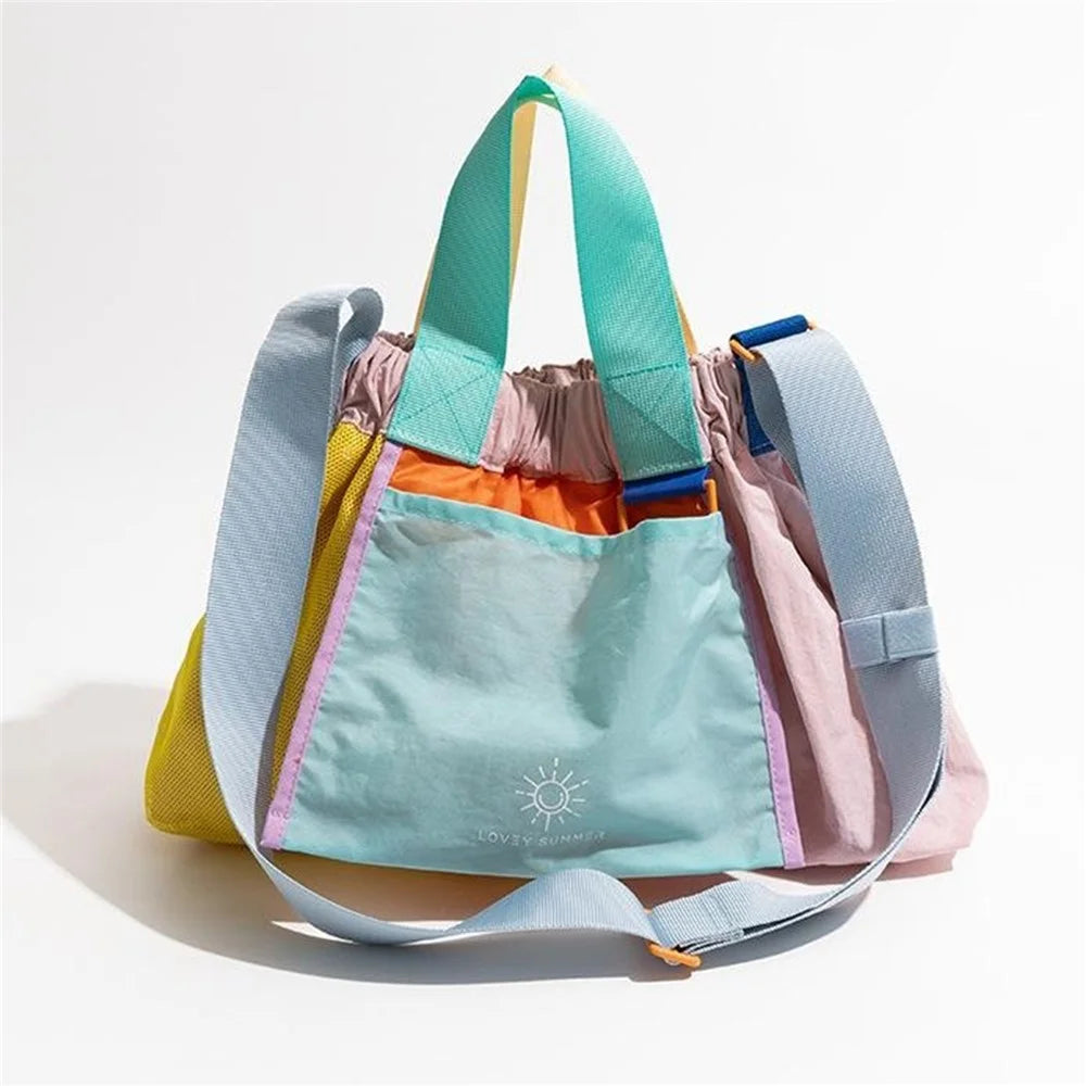 NL492 Size L Color Block Tote Bag Lightweight Nylon Foldable Crossbody Shoulder Handbag - Pink - 4