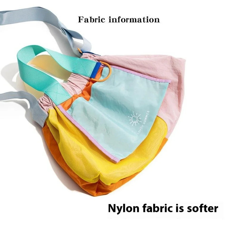NL492 Size L Color Block Tote Bag Lightweight Nylon Foldable Crossbody Shoulder Handbag - Pink - 7
