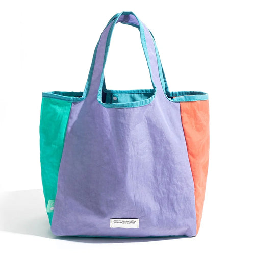 F6469 Fashion Color Block Tote Bag Lightweight Nylon Foldable Handbag for Daily  /  Shopping - Purple Splicing - 1