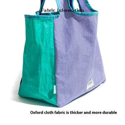 F6469 Fashion Color Block Tote Bag Lightweight Nylon Foldable Handbag for Daily  /  Shopping - Purple Splicing - 2