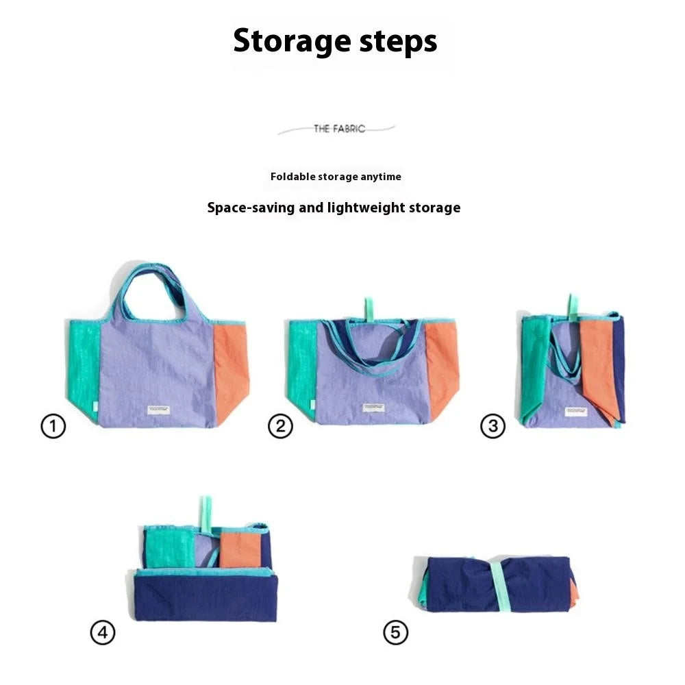 F6469 Fashion Color Block Tote Bag Lightweight Nylon Foldable Handbag for Daily  /  Shopping - Purple Splicing - 4