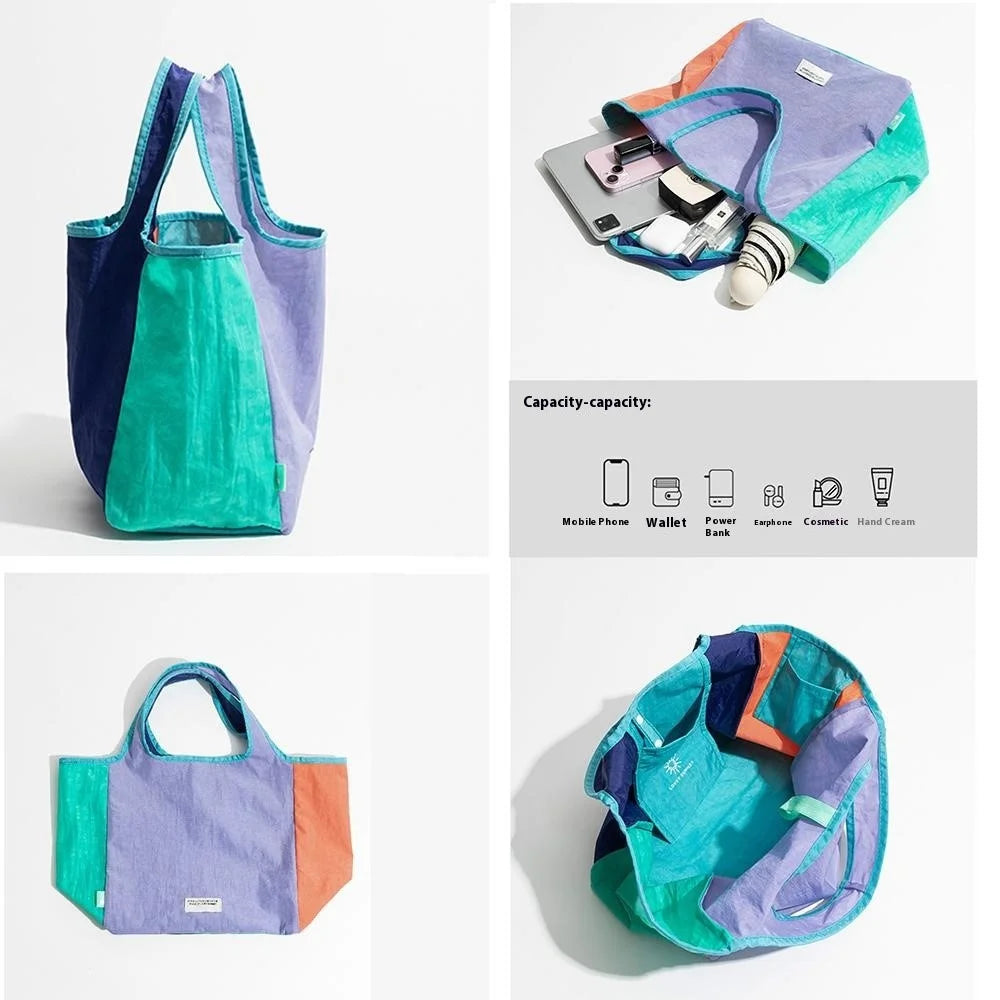 F6469 Fashion Color Block Tote Bag Lightweight Nylon Foldable Handbag for Daily  /  Shopping - Purple Splicing - 6