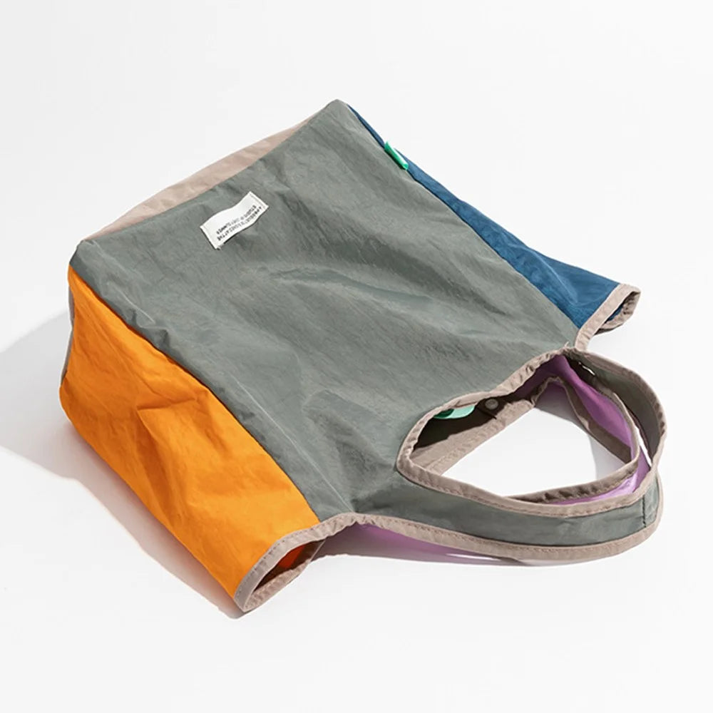 F6469 Fashion Color Block Tote Bag Lightweight Nylon Foldable Handbag for Daily  /  Shopping - Purple Splicing - 7