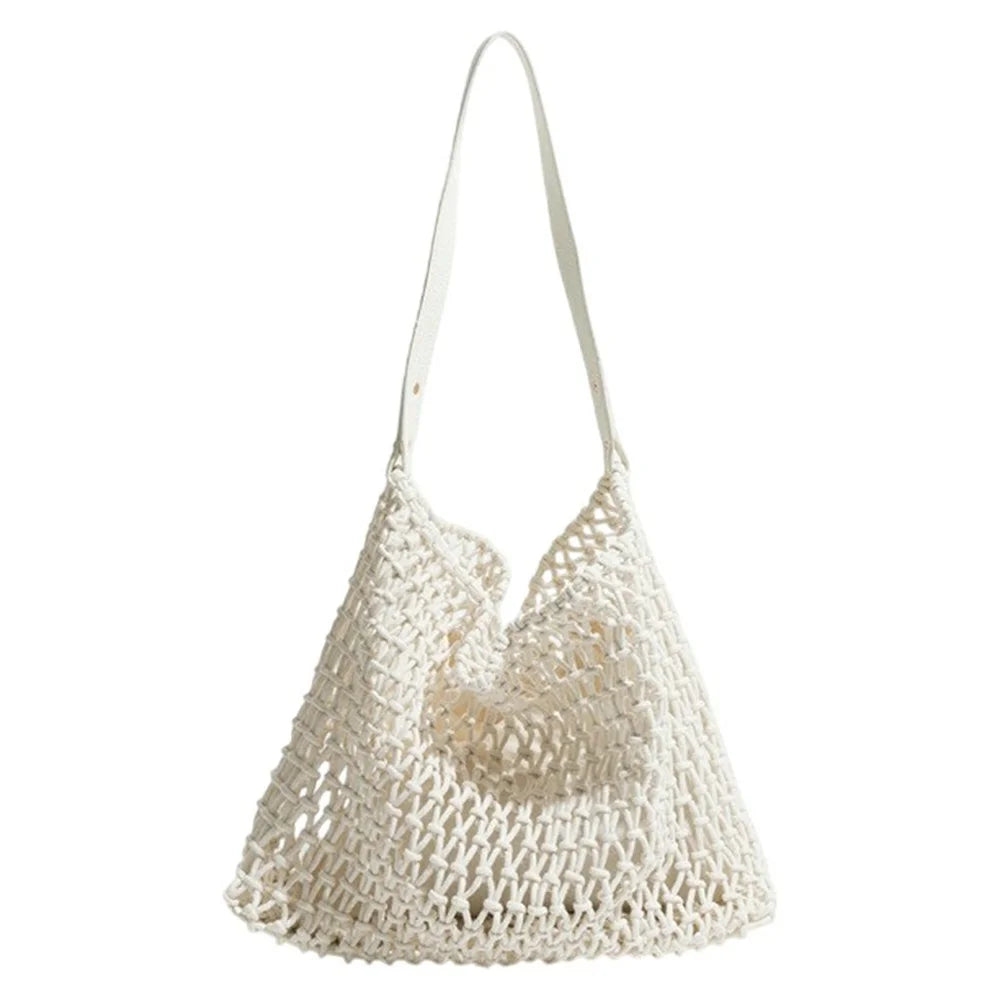 Hollow Woven Tote Bag Women Large Capacity Single Shoulder Handbag for Beach Travel - White - 1