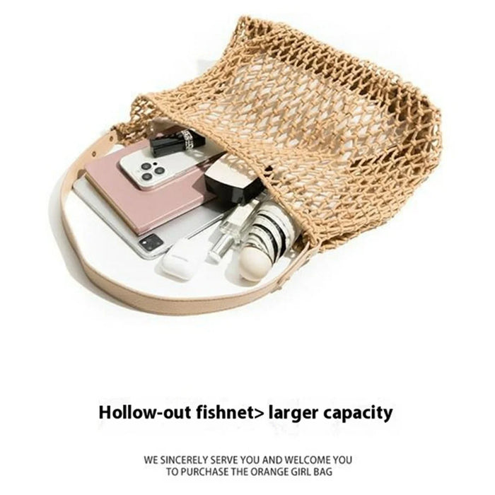 Hollow Woven Tote Bag Women Large Capacity Single Shoulder Handbag for Beach Travel - White - 2