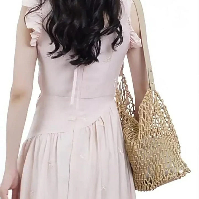 Hollow Woven Tote Bag Women Large Capacity Single Shoulder Handbag for Beach Travel - White - 5