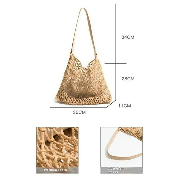 Hollow Woven Tote Bag Women Large Capacity Single Shoulder Handbag for Beach Travel - White - 6