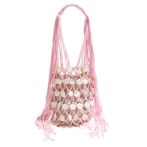 Summer Fresh Woven Bucket Bag Unique Hollow Out Sequin Casual Tote Bag - Pink - 1