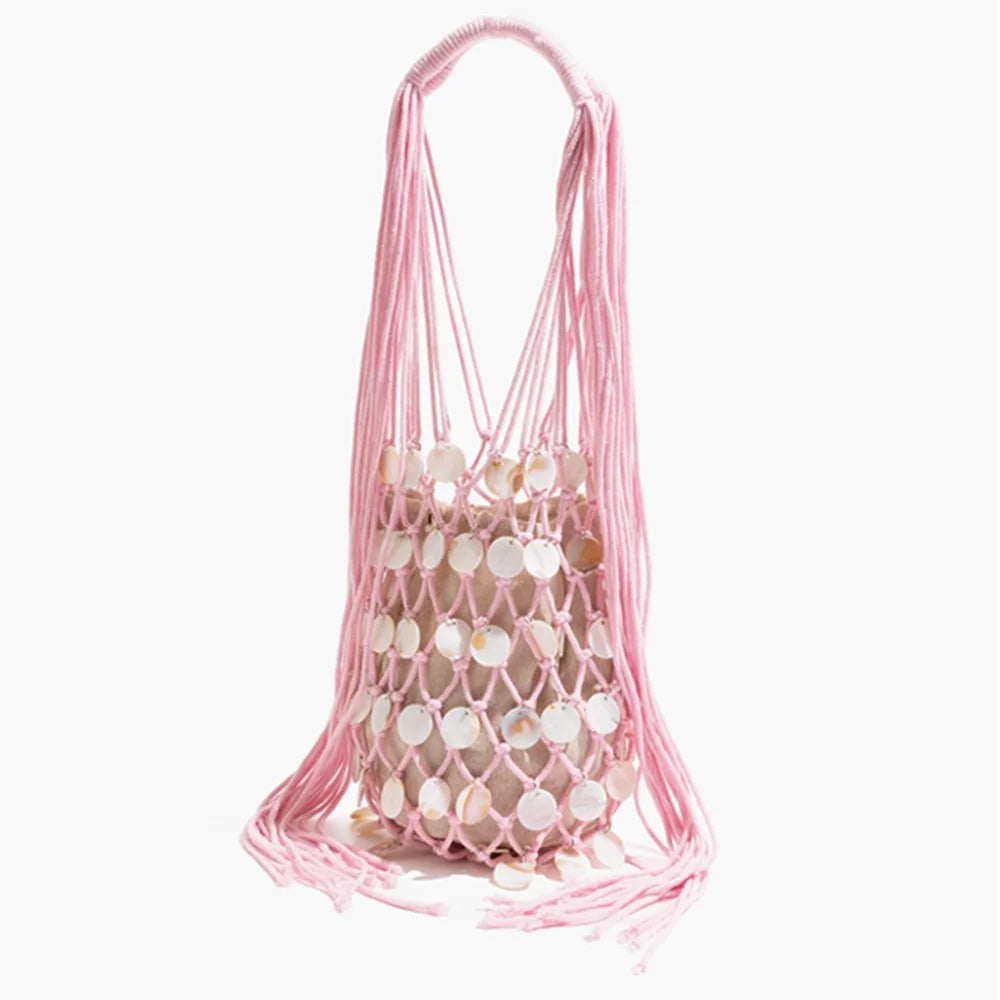 Summer Fresh Woven Bucket Bag Unique Hollow Out Sequin Casual Tote Bag - Pink - 2