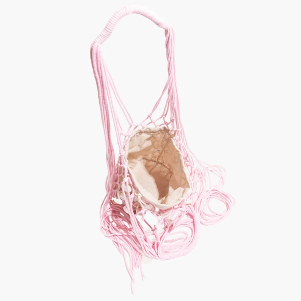 Summer Fresh Woven Bucket Bag Unique Hollow Out Sequin Casual Tote Bag - Pink - 3