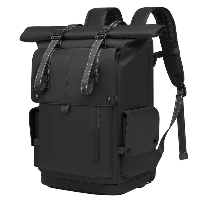 EURCOOL EC-693AA Men Roll Top Business Travel Backpack Oxford Cloth Expandable Outdoor Hiking Daypack - Black - 1
