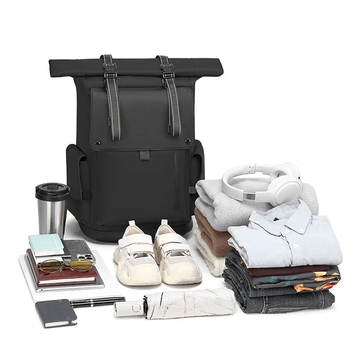 EURCOOL EC-693AA Men Roll Top Business Travel Backpack Oxford Cloth Expandable Outdoor Hiking Daypack - Black - 6