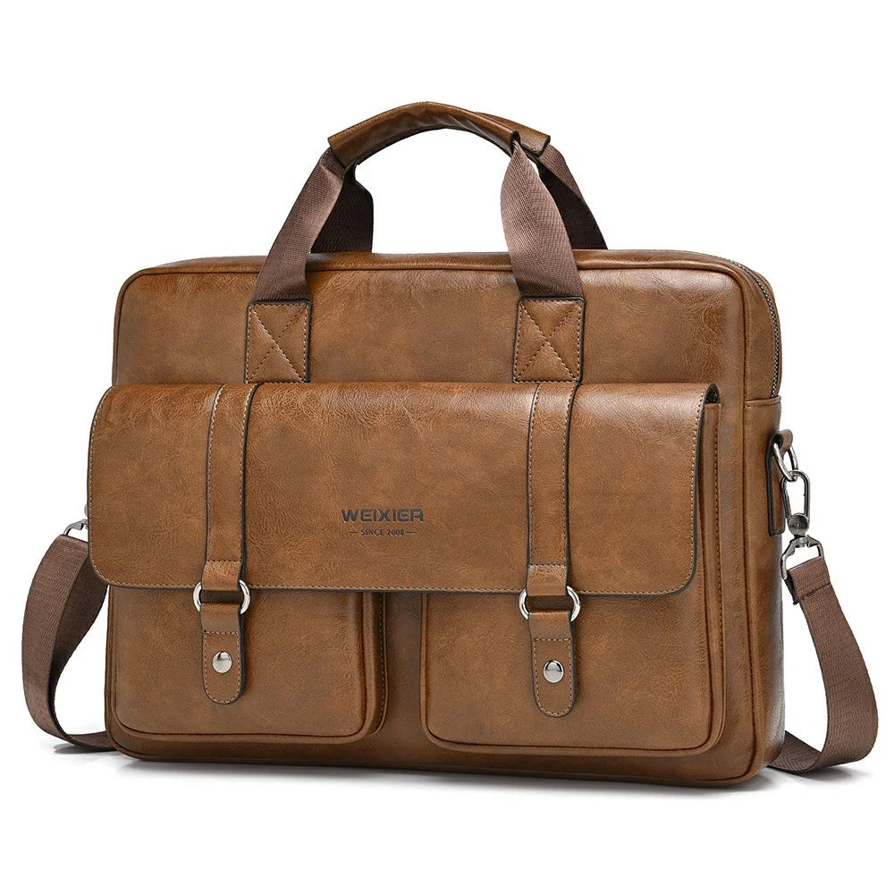 WEIXIER T664 For Men Business Briefcase Horizontal Crossbody Bag PU Leather Laptop Bag with Handles - Light Brown - 1