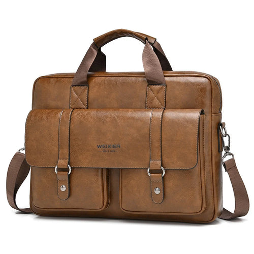 WEIXIER T664 For Men Business Briefcase Horizontal Crossbody Bag PU Leather Laptop Bag with Handles - Light Brown - 1