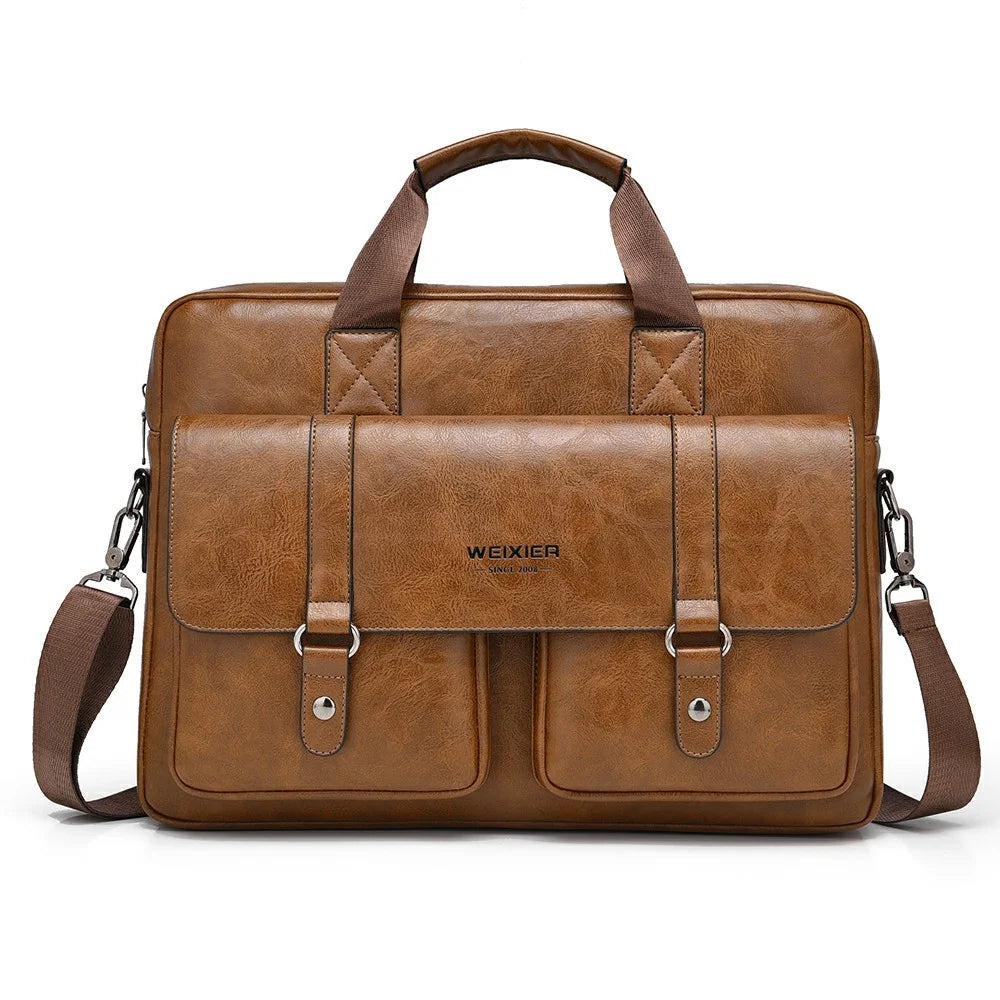 WEIXIER T664 For Men Business Briefcase Horizontal Crossbody Bag PU Leather Laptop Bag with Handles - Light Brown - 2