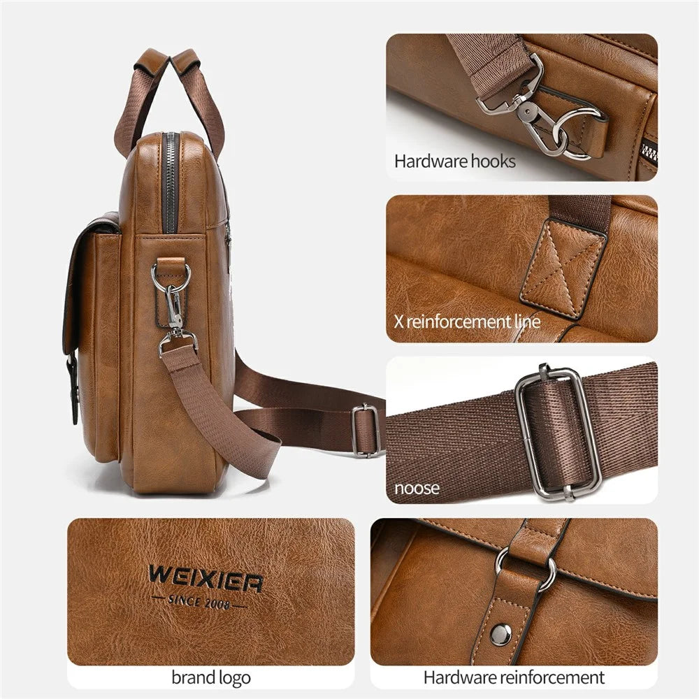 WEIXIER T664 For Men Business Briefcase Horizontal Crossbody Bag PU Leather Laptop Bag with Handles - Light Brown - 4