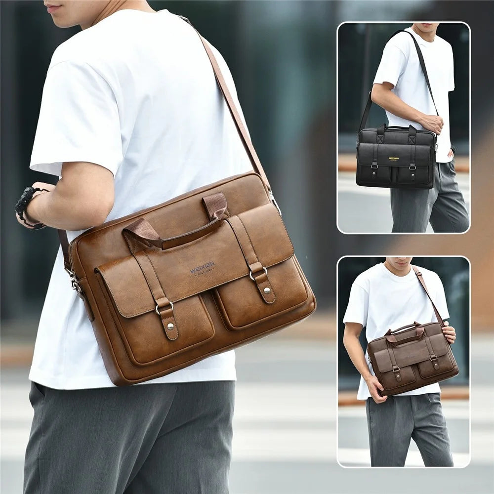 WEIXIER T664 For Men Business Briefcase Horizontal Crossbody Bag PU Leather Laptop Bag with Handles - Light Brown - 5