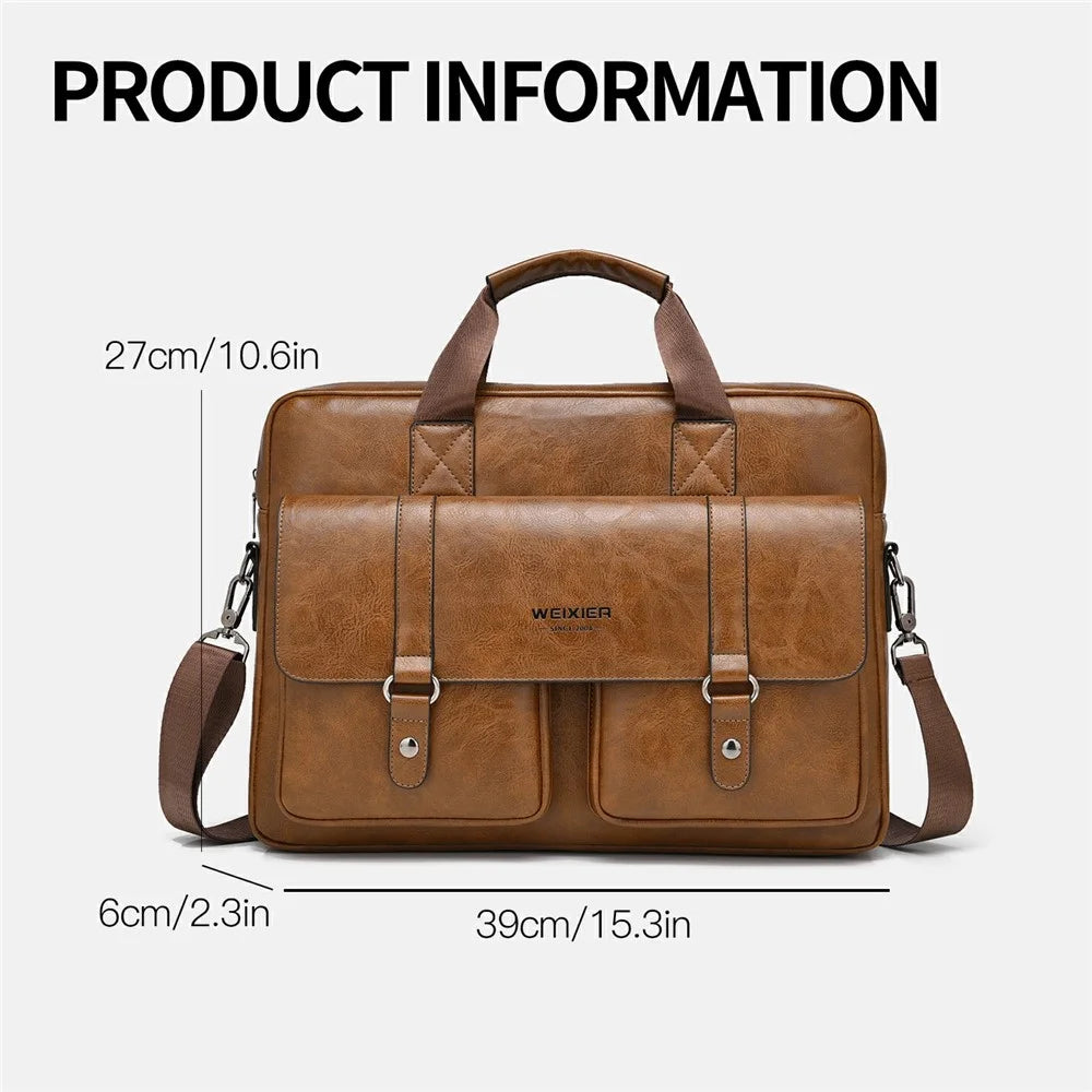 WEIXIER T664 For Men Business Briefcase Horizontal Crossbody Bag PU Leather Laptop Bag with Handles - Light Brown - 6