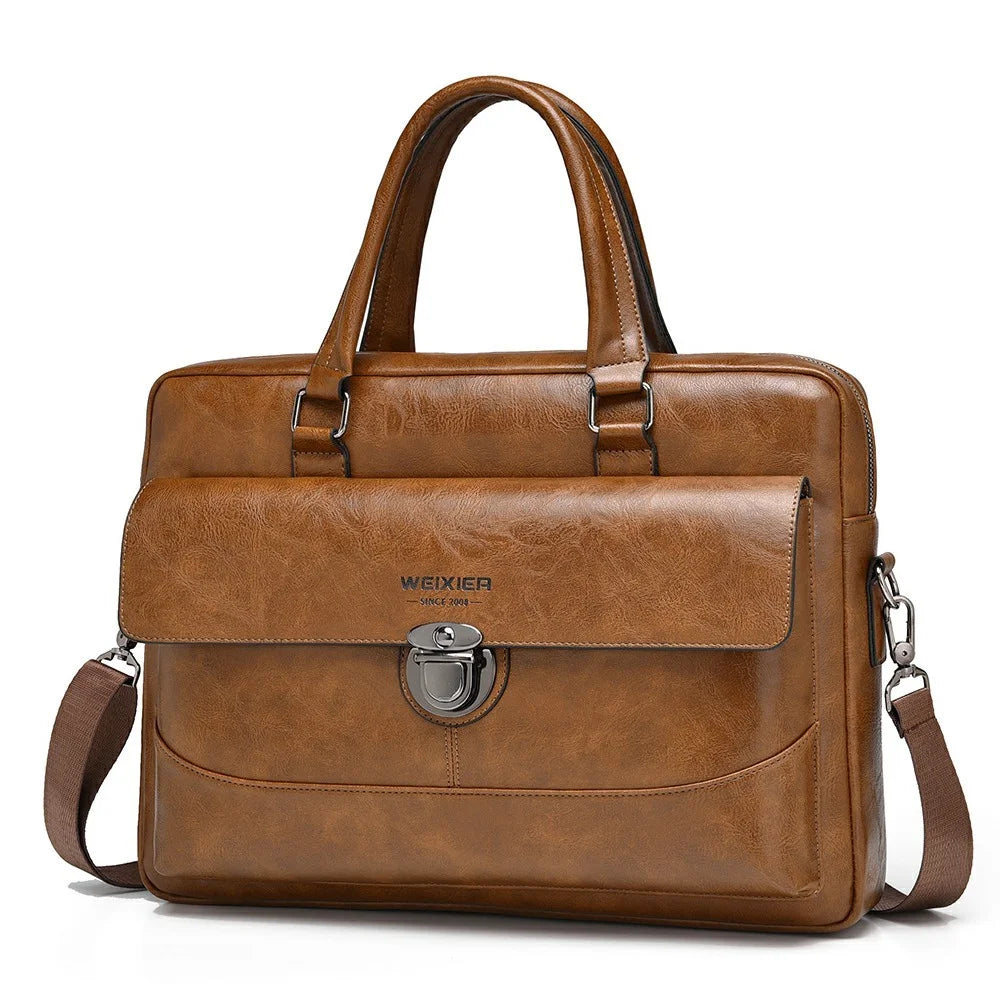 WEIXIER T616 PU Leather Men Business Briefcase Horizontal Crossbody Bag for 15.6 Inch Laptop - Light Brown - 1