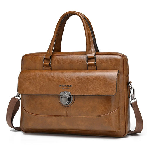 WEIXIER T616 PU Leather Men Business Briefcase Horizontal Crossbody Bag for 15.6 Inch Laptop - Light Brown - 1