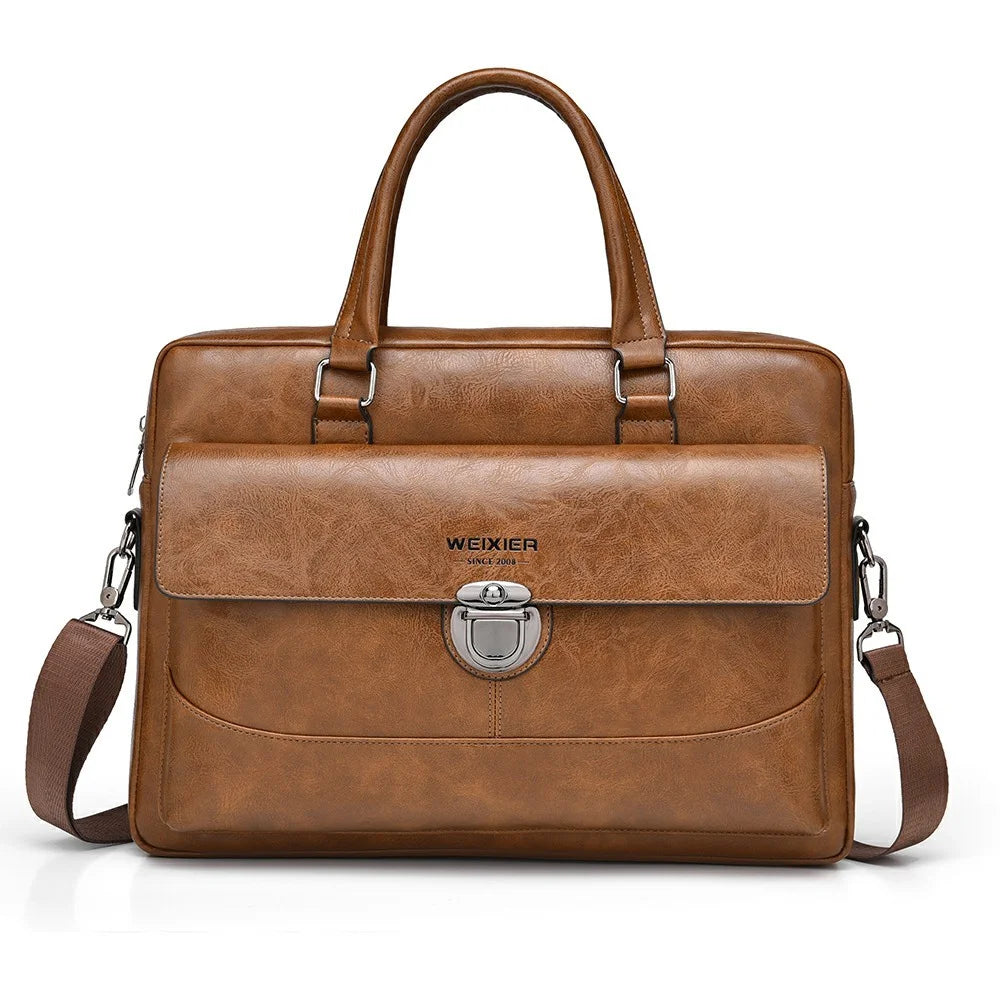 WEIXIER T616 PU Leather Men Business Briefcase Horizontal Crossbody Bag for 15.6 Inch Laptop - Light Brown - 2