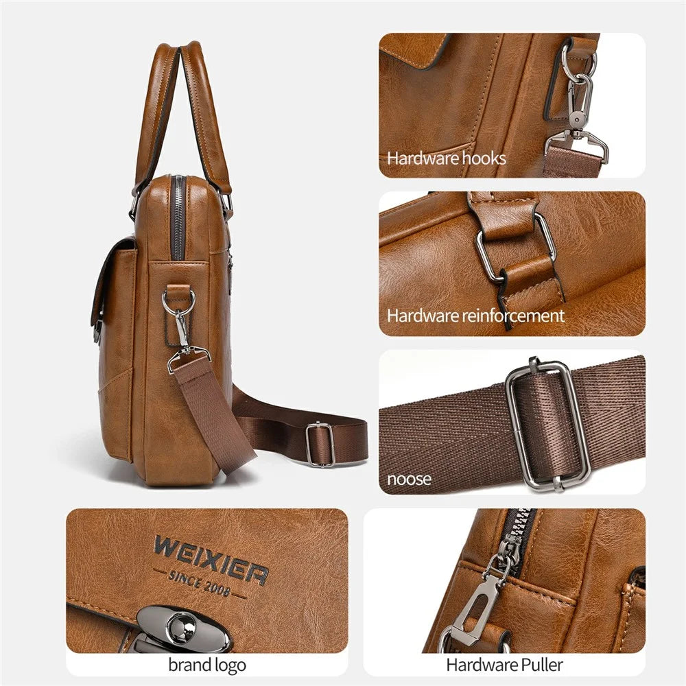 WEIXIER T616 PU Leather Men Business Briefcase Horizontal Crossbody Bag for 15.6 Inch Laptop - Light Brown - 4