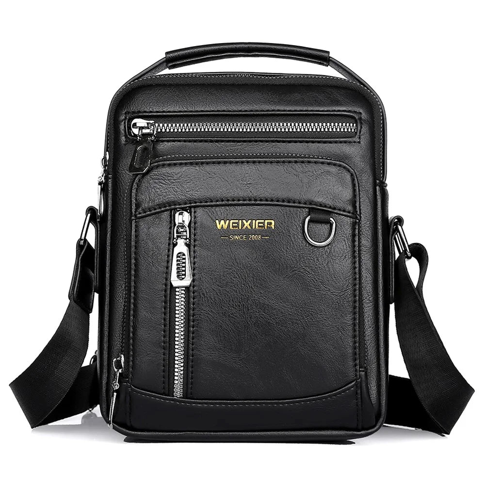 WEIXIER D844 Leather Messenger Bag Sling Crossbody Shoulder Pouch for Men Travel Work - Black - 1