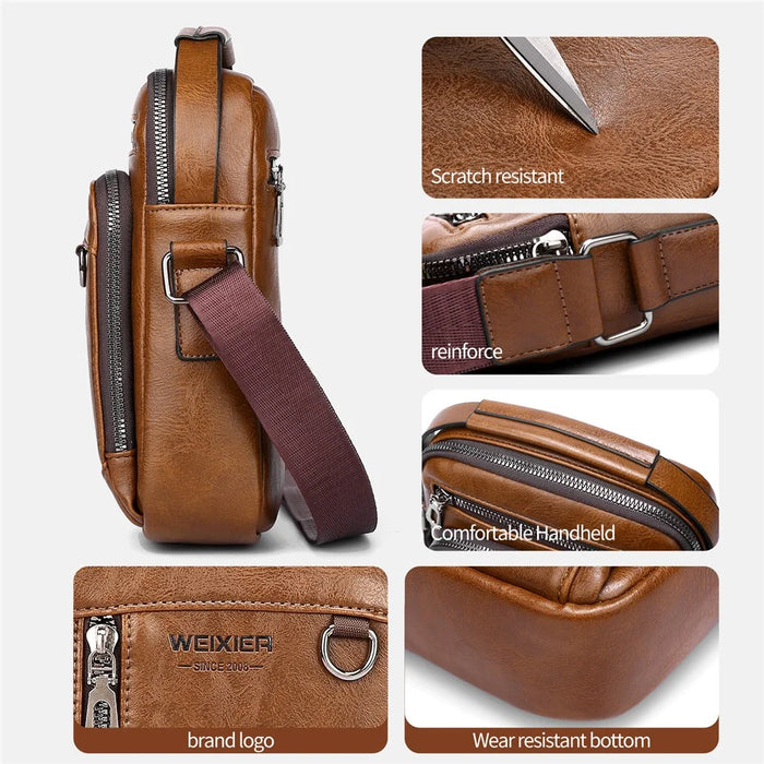 WEIXIER D844 Leather Messenger Bag Sling Crossbody Shoulder Pouch for Men Travel Work - Black - 6