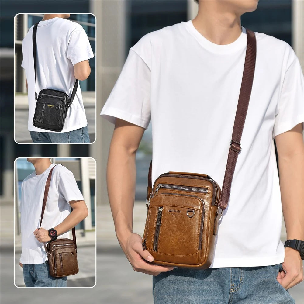 WEIXIER D844 Leather Messenger Bag Sling Crossbody Shoulder Pouch for Men Travel Work - Black - 7