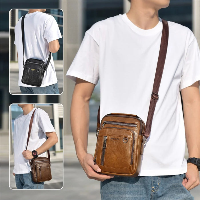 WEIXIER D844 Leather Messenger Bag Sling Crossbody Shoulder Pouch for Men Travel Work - Black - 7